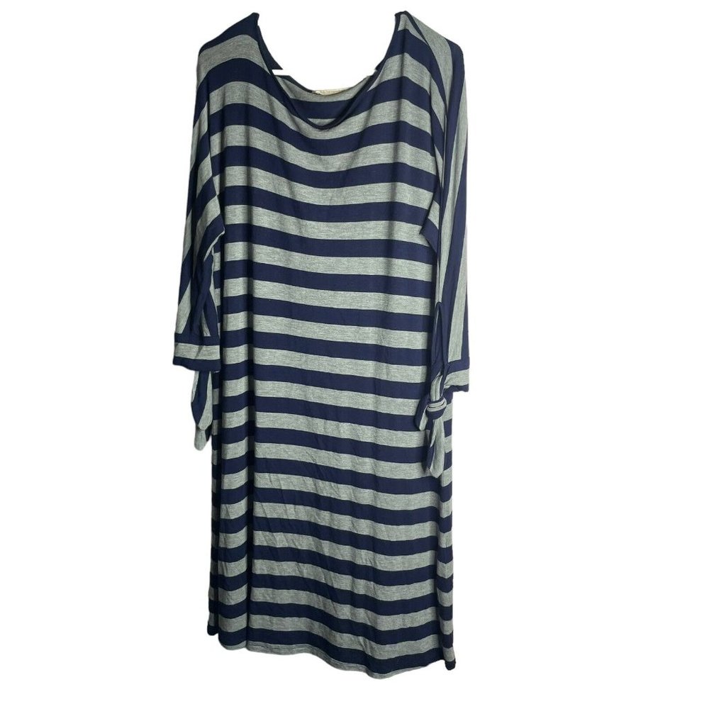Soft Surroundings Adrift Dress M Striped Tie Cuffs Dolman Sleeves Navy Gray - Picture 2 of 8